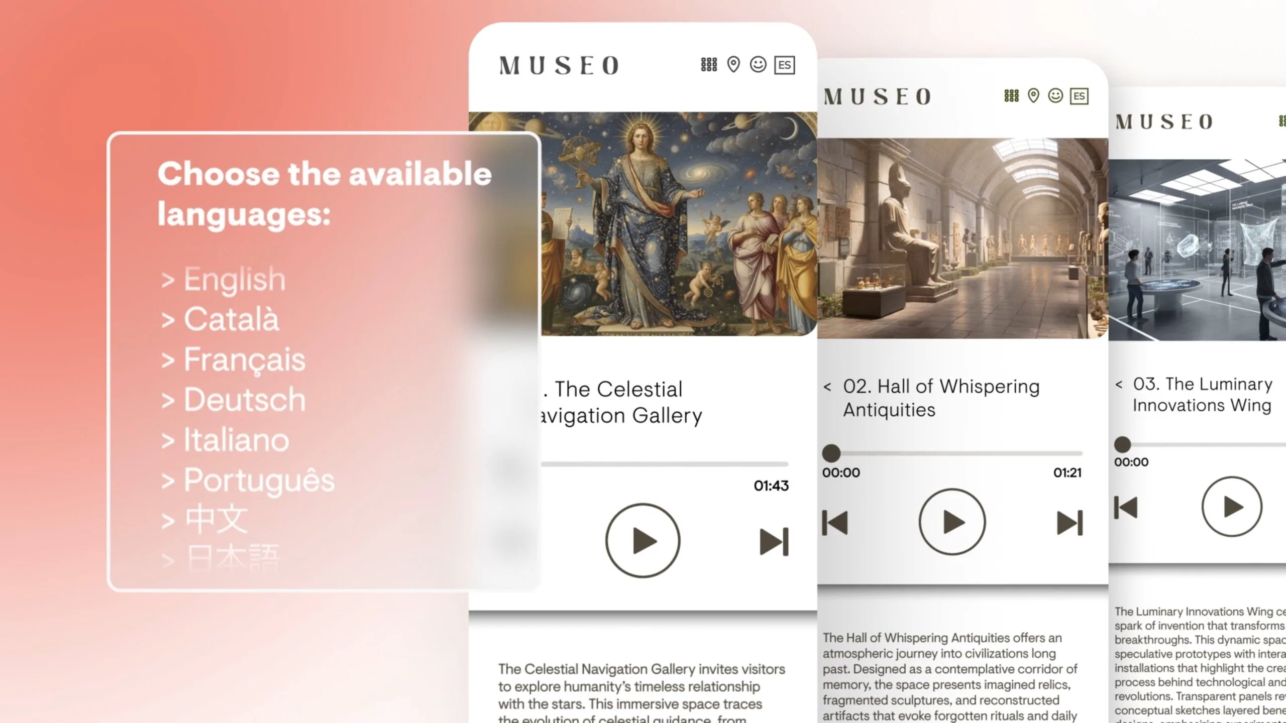 Interfaz de la audioguía Audioguiarte con selector de idiomas y fichas de obra