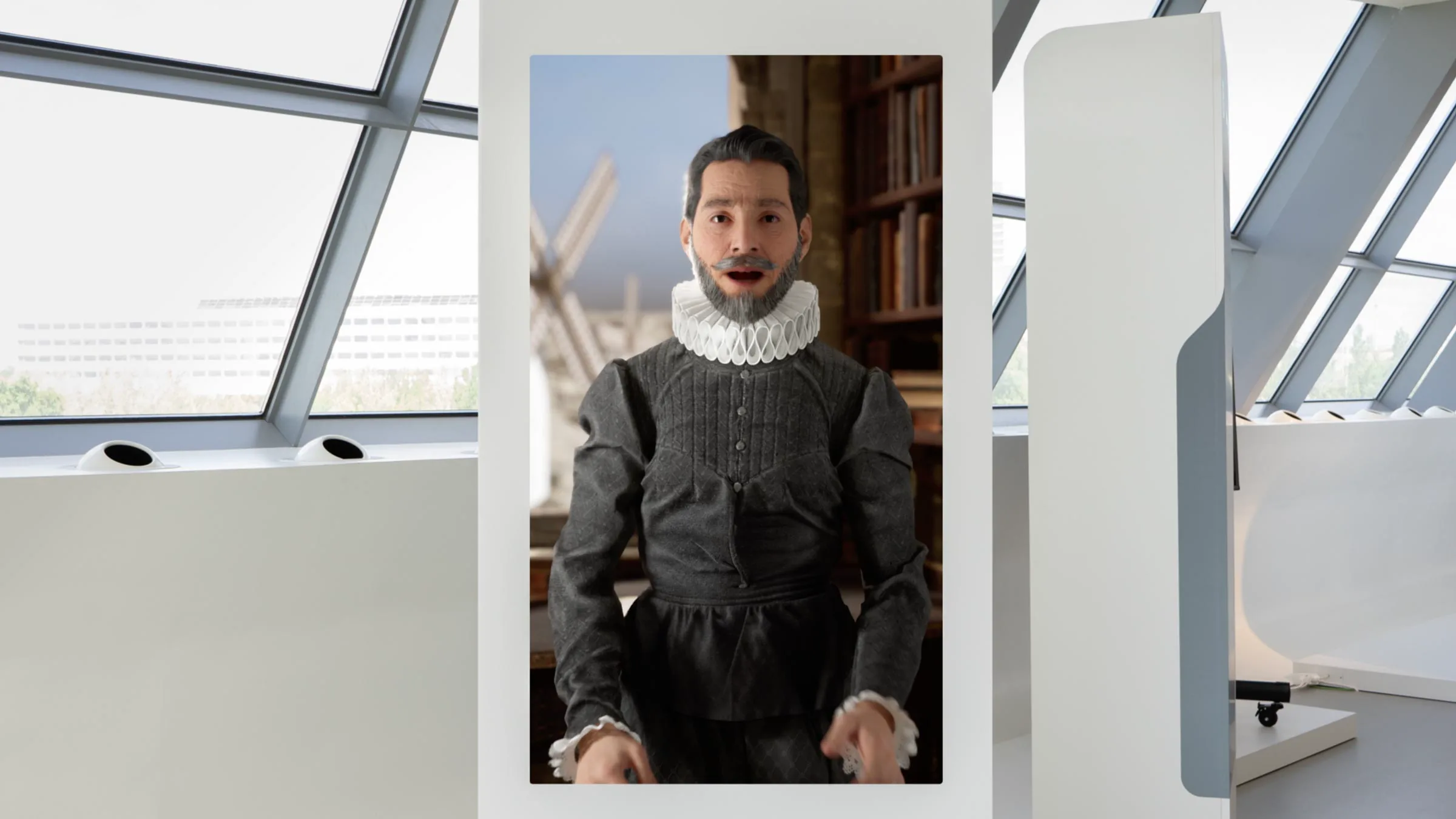 Avatar de Cervantes con IA conversando con el visitante en un tótem interactivo
