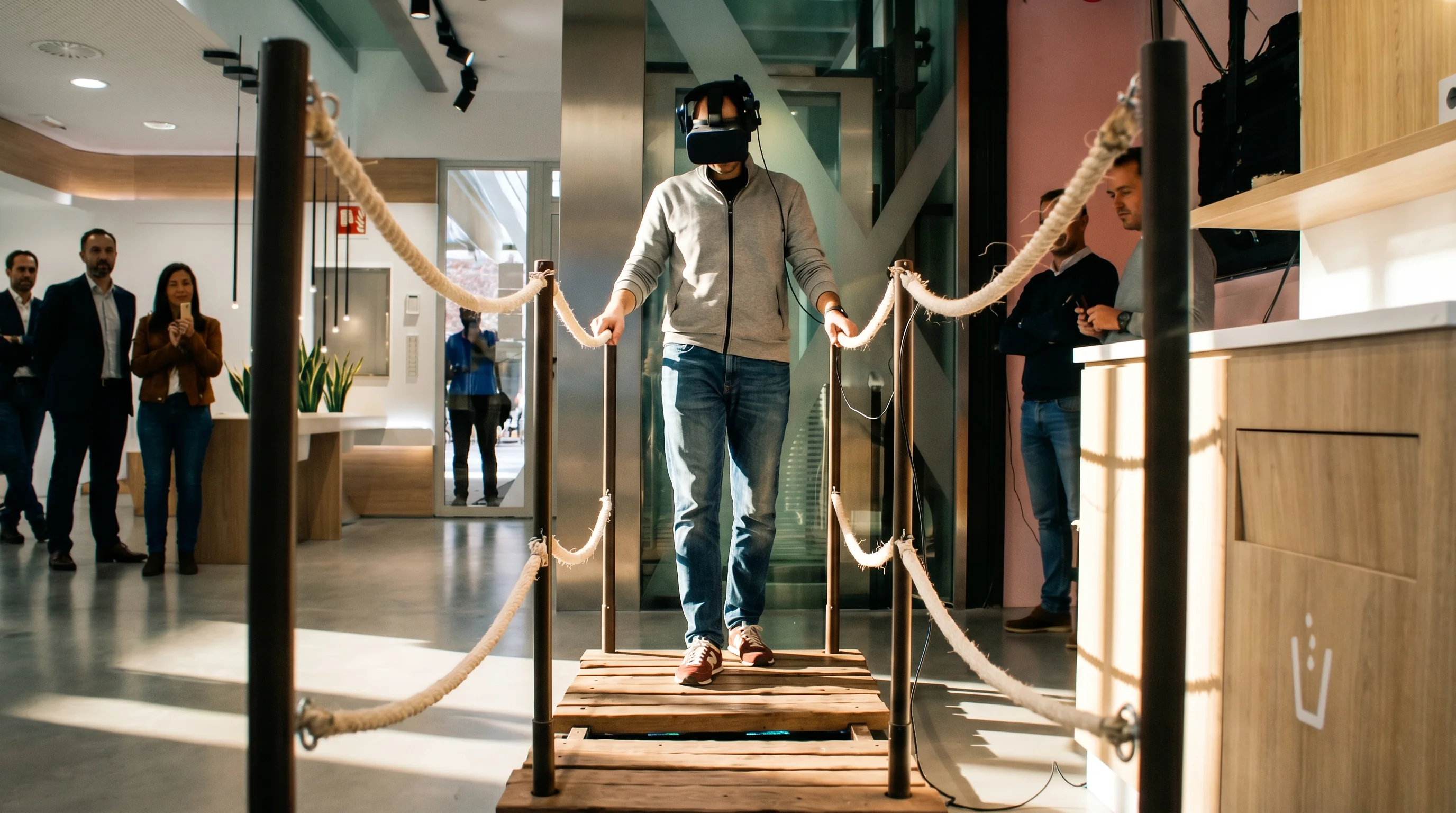 Visitante con gafas de realidad virtual viviendo la experiencia inmersiva Frozen Emotion de Ibercaja