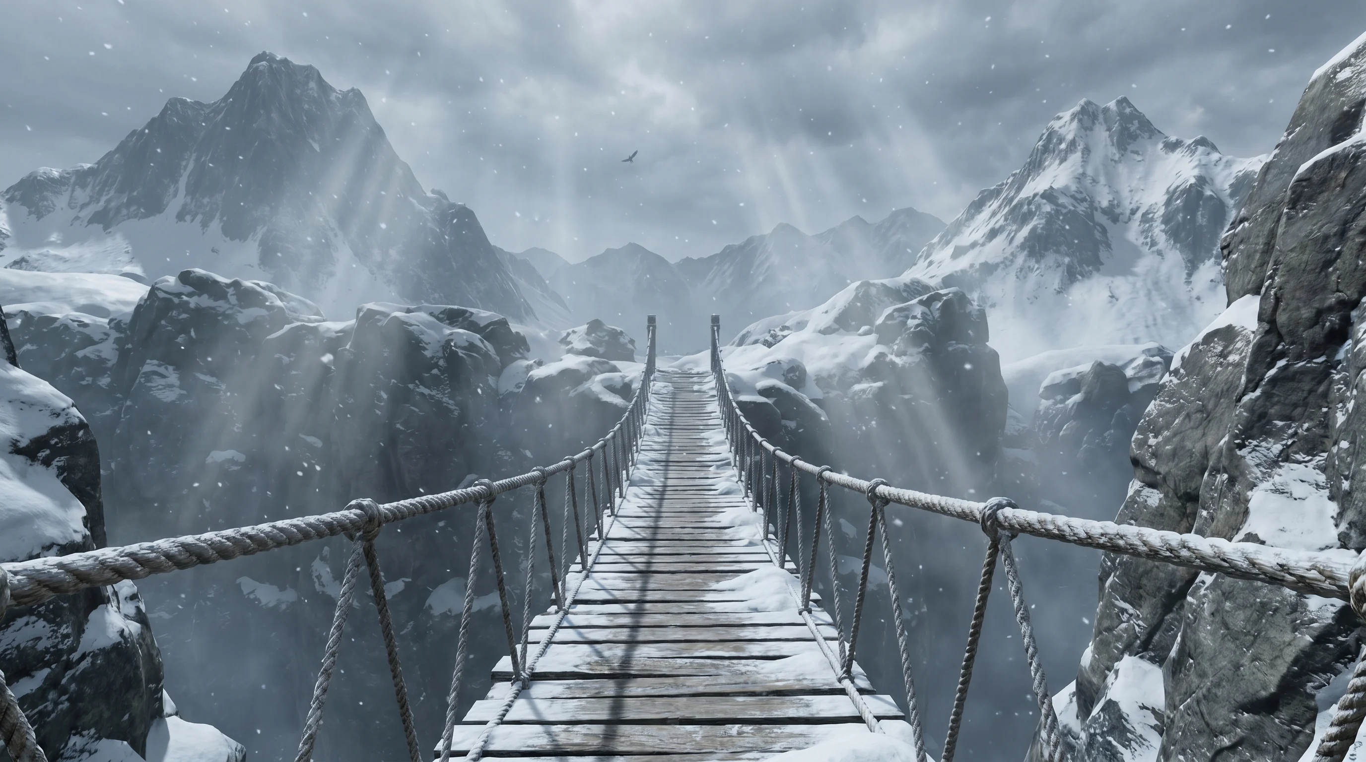 Escena de realidad virtual de Frozen Emotion: puente colgante sobre un desfiladero nevado
