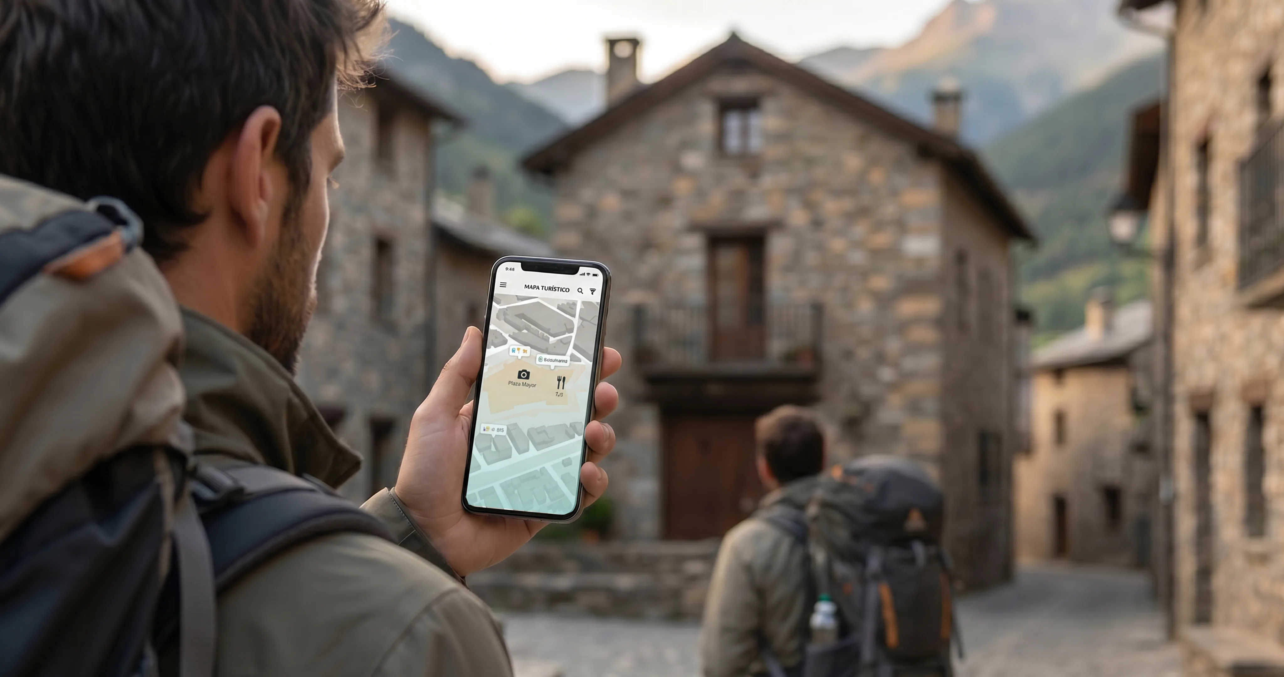 Visitante consultando el mapa turístico de Spain Living Labs en un pueblo del Pirineo aragonés