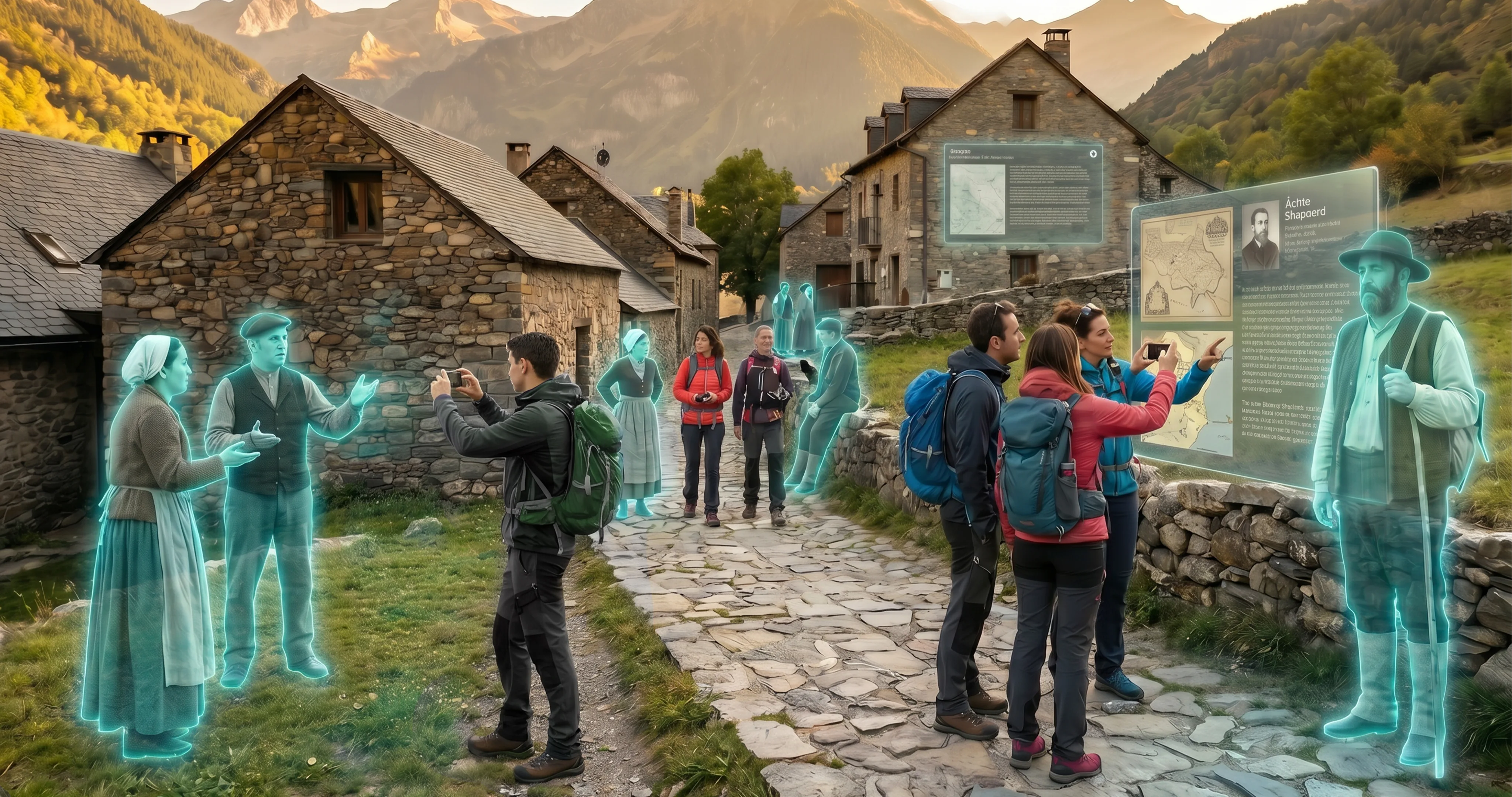 Visitantes viendo recreaciones en realidad aumentada de personajes históricos en un pueblo del Pirineo aragonés