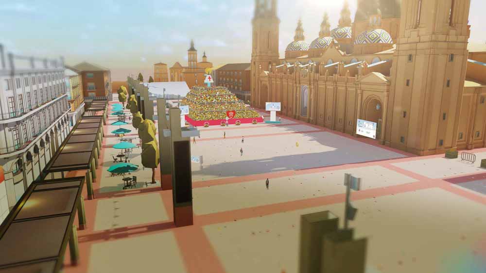 Recreación virtual de la plaza del Pilar con la Ofrenda de Flores en Zaragoza