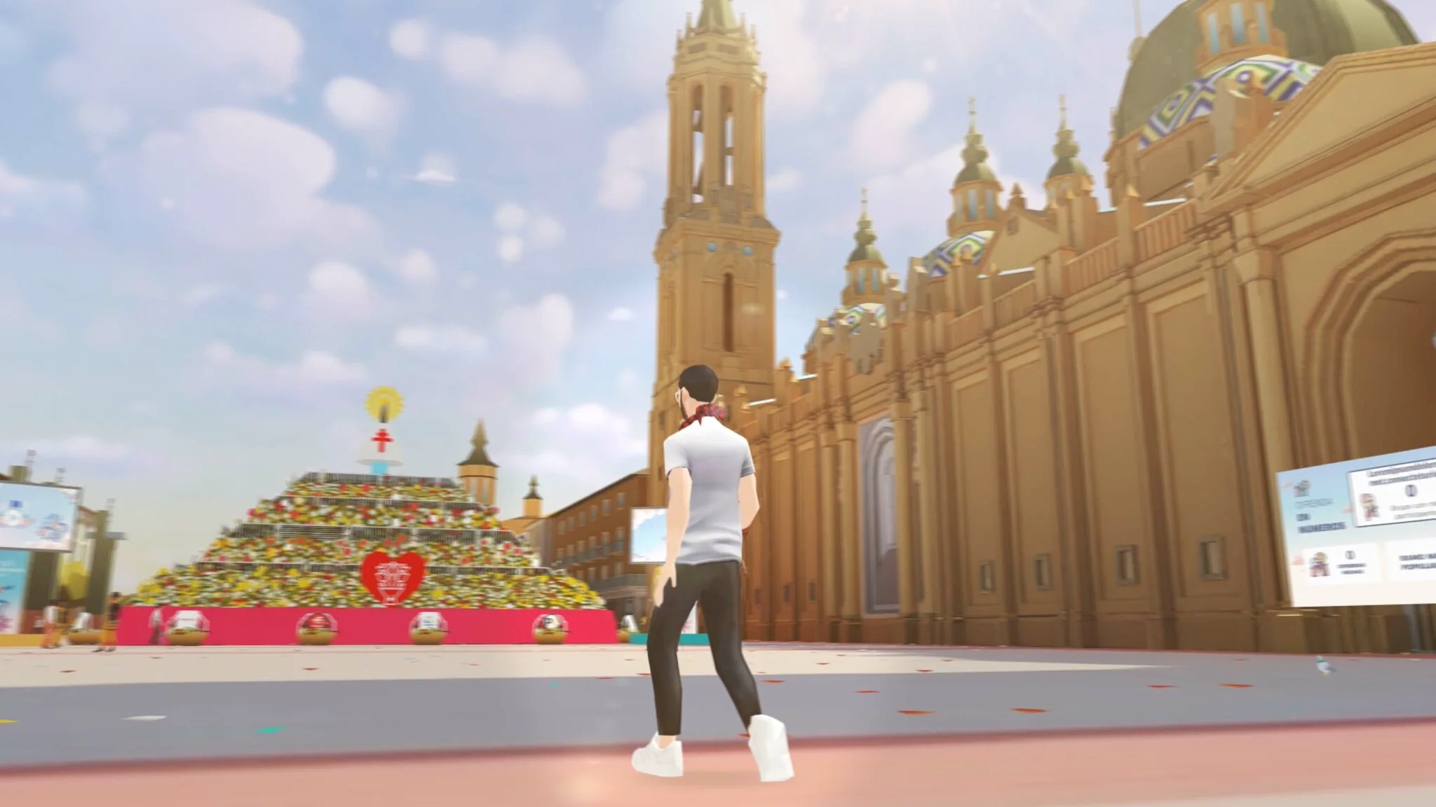 Avatar de un visitante recorriendo la Ofrenda de Flores virtual ante el Pilar
