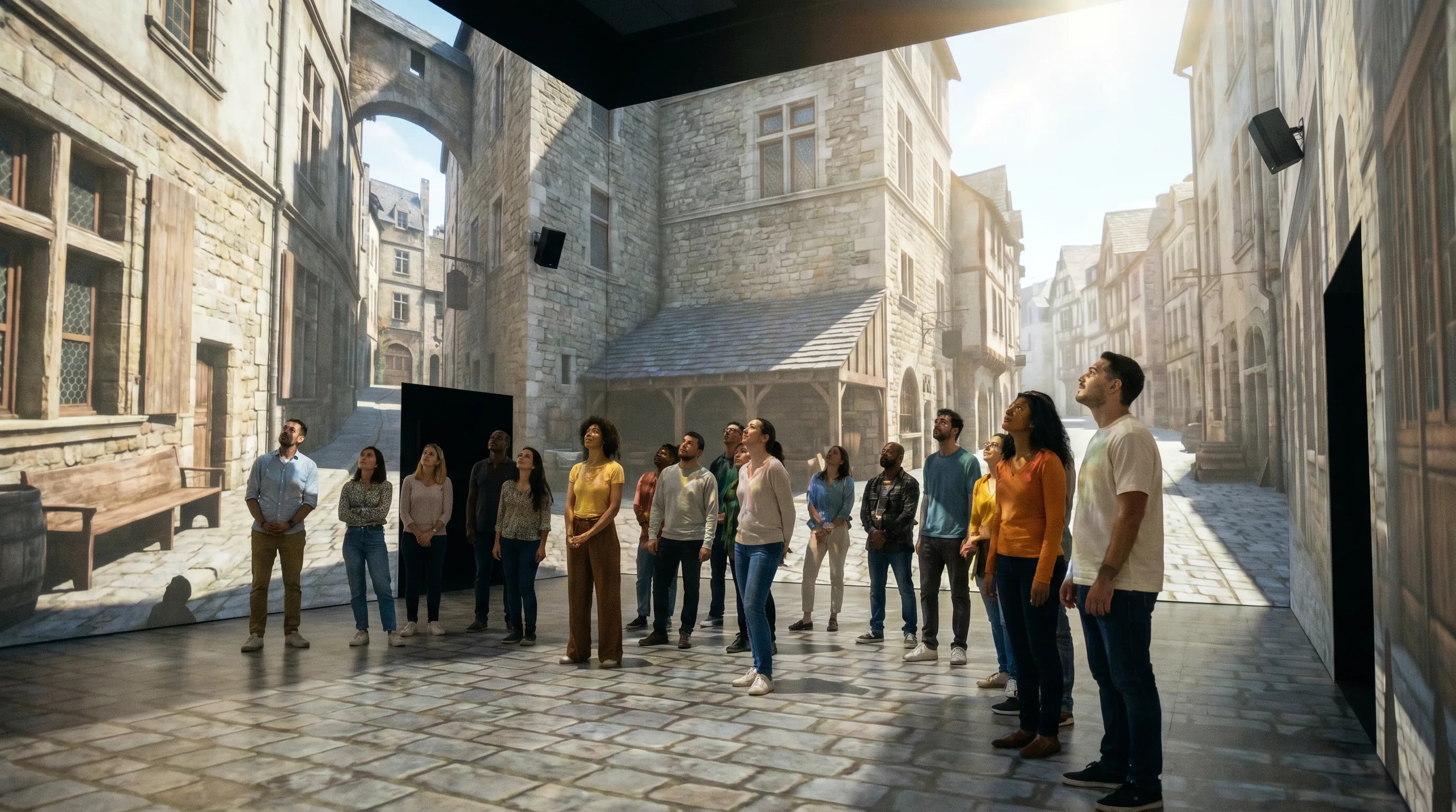 Grupo de visitantes en una sala inmersiva con una calle histórica medieval proyectada a su alrededor