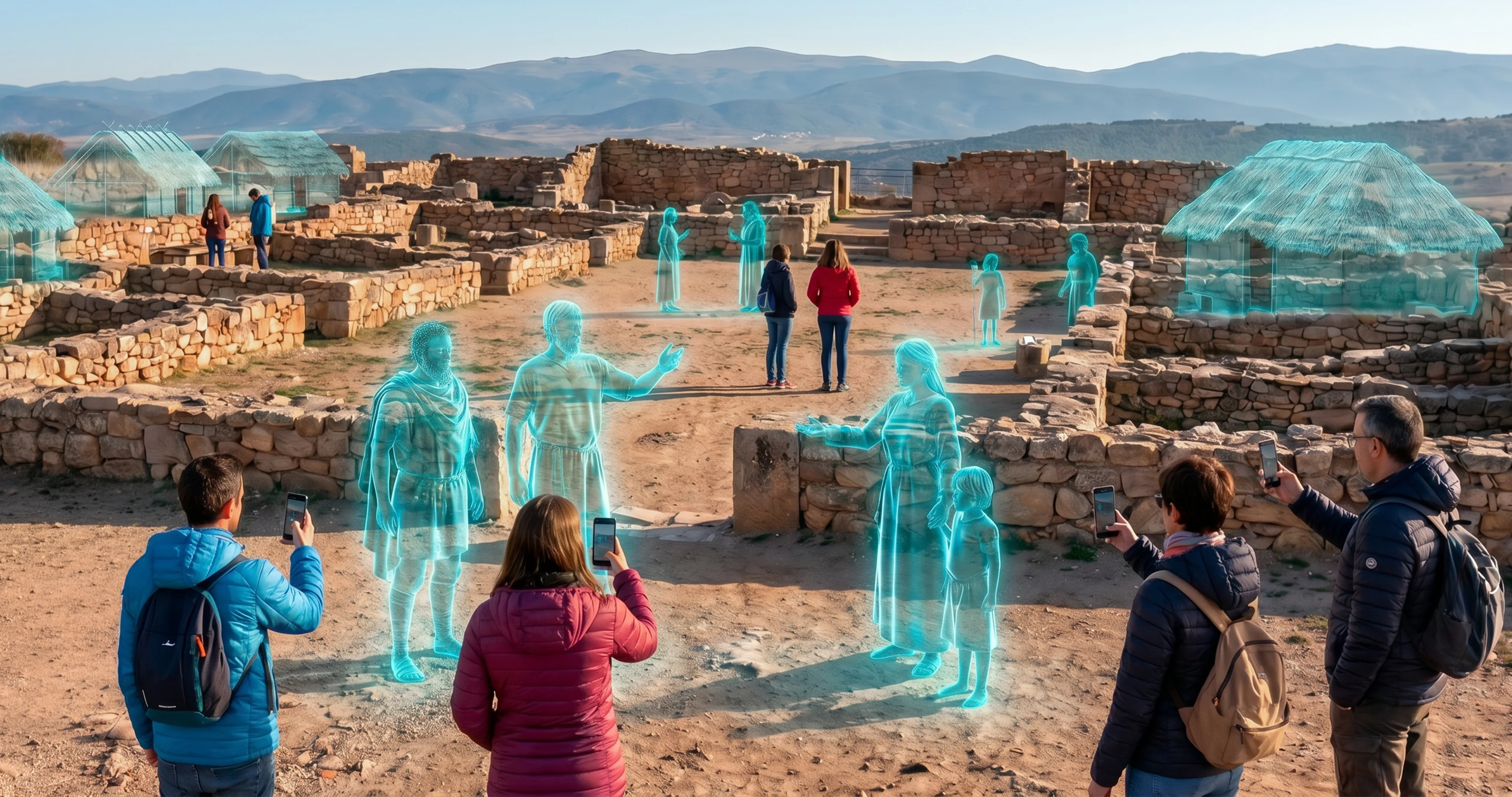 Visitantes viendo recreaciones en realidad aumentada de figuras celtibéricas en un yacimiento de Soria